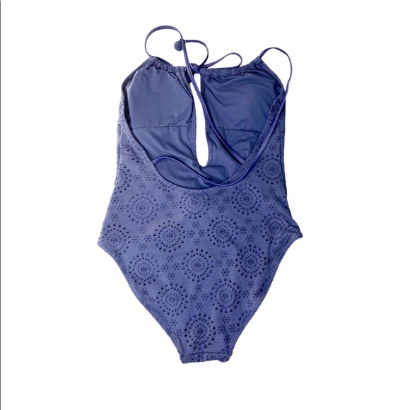 AERIE Navy Eyelet Cutwork One Piece Deep V-neck Halter Swimsuit - Picture 2 of 5